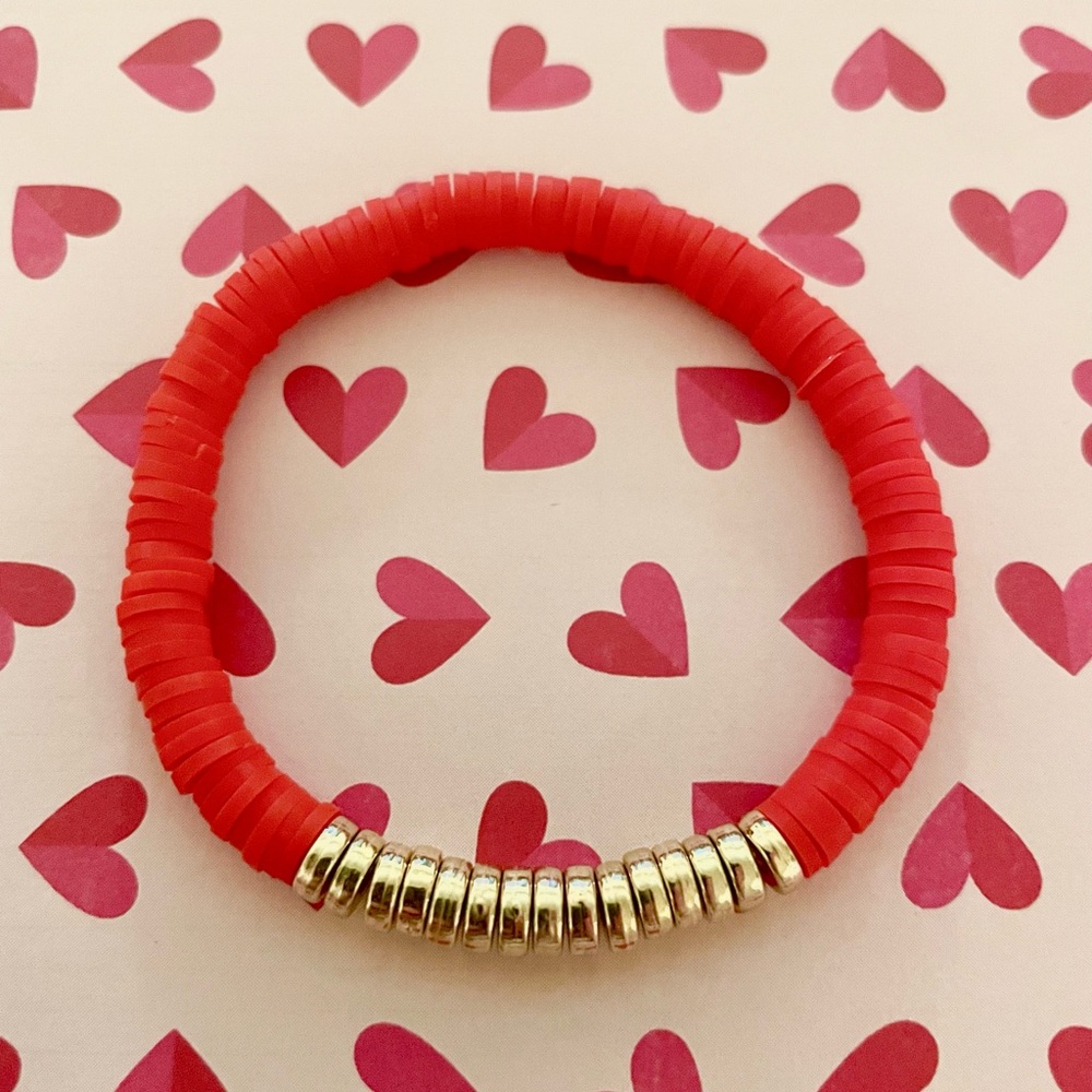 Valentines Day Red Heishi Clay Polymer Bead Bracelet